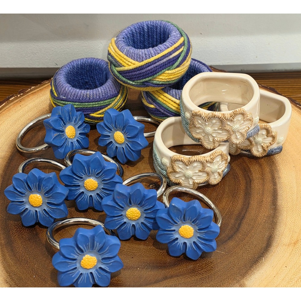 VTG Retro Boho Cottagecore Whimsical Mixed(13)Floral Napkin Rings/Ceramic/Blue